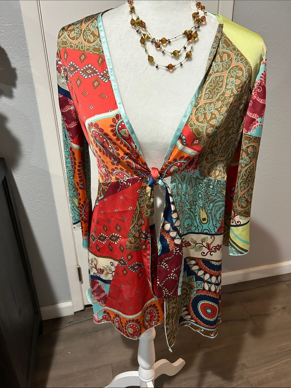 CAbi colorful Paisley Patchwork kimono jacket- Orange & Teal.